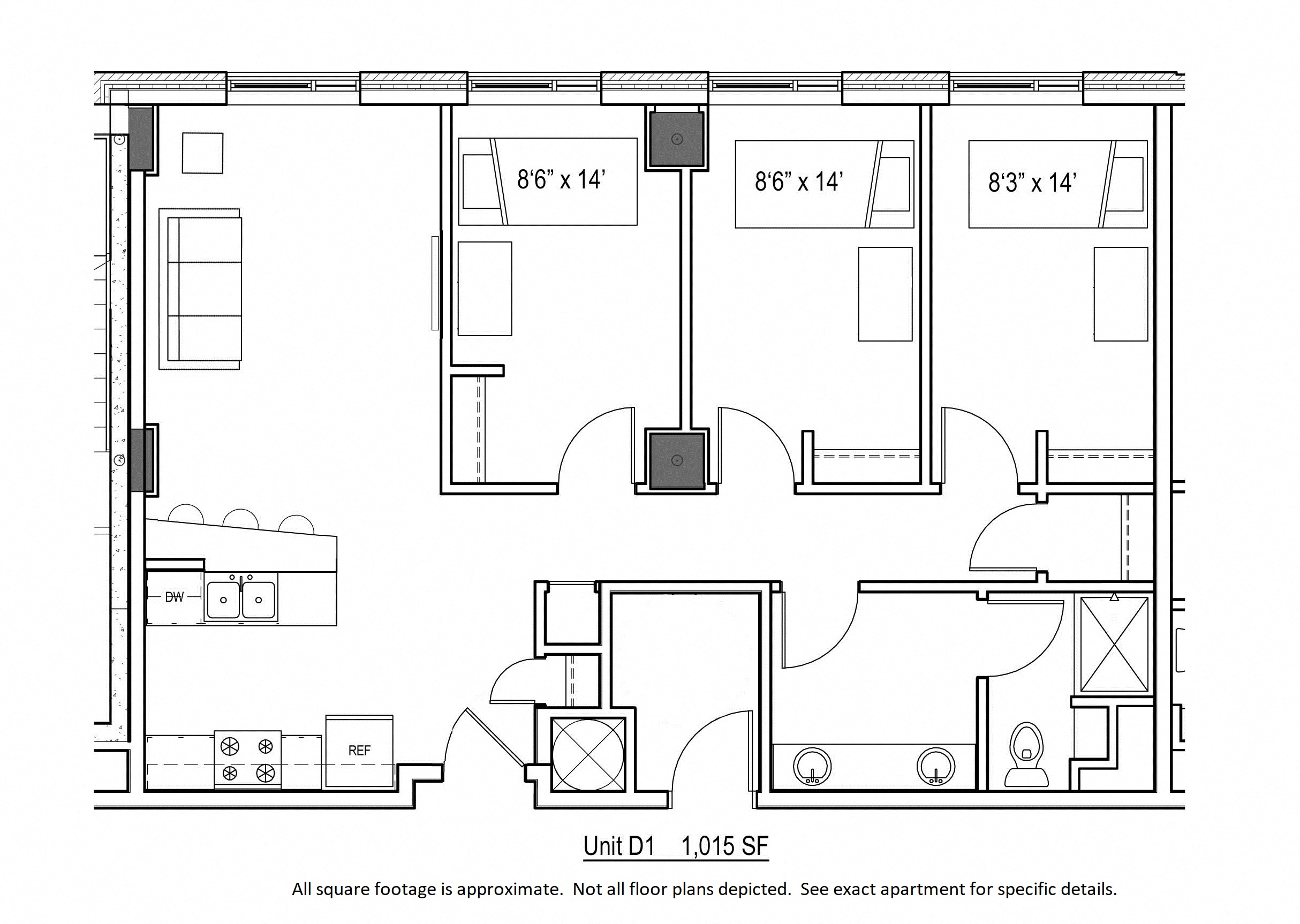 Floor plan for 3 beds, 1 bath, 1015 sqft
